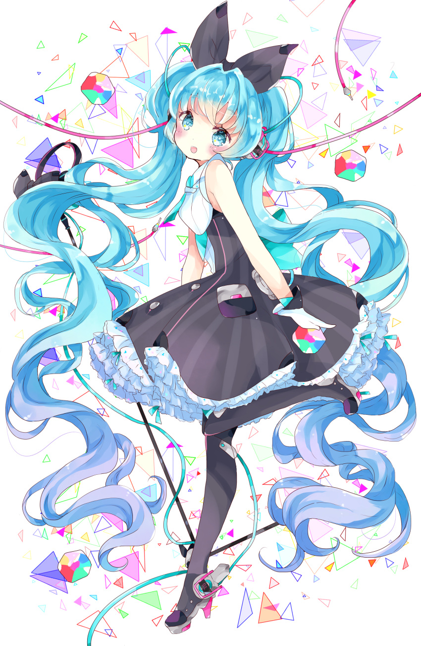 1girl :d absurdly_long_hair absurdres aqua_necktie aqua_ribbon bare_arms black_boots black_dress black_legwear black_ribbon blue_eyes blue_hair blush boots breasts cable commentary_request dress eyebrows_visible_through_hair frilled_dress frills from_side gloves hair_intakes hair_ribbon hatsune_miku head_tilt headphones high_heel_boots high_heels highres knee_boots layered_dress long_hair looking_at_viewer looking_to_the_side necktie open_mouth pantyhose pocket ribbon shirt small_breasts smile solo standing standing_on_one_leg triangle tsukiyo_(skymint) twintails very_long_hair vocaloid white_gloves white_shirt