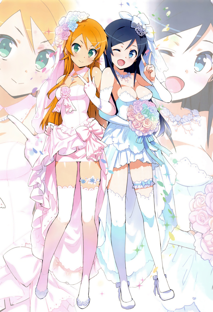 2girls :&gt; ;d absurdres anklet aragaki_ayase bare_shoulders blue_eyes blue_hair bouquet bow bracelet breasts bridal_gauntlets bridal_veil cleavage crown detached_collar dress elbow_gloves fingerless_gloves flower gloves green_eyes hair_bow hair_flower hair_ornament high_heels highres jewelry kousaka_kirino leg_garter long_hair looking_at_viewer medium_breasts mini_crown multiple_girls necklace one_eye_closed ootomo_takuji open_mouth orange_hair ore_no_imouto_ga_konna_ni_kawaii_wake_ga_nai pearl_necklace petals pink_dress ring rosary scan short_dress sidelocks smile standing strapless strapless_dress thigh-highs thighlet veil w wedding_band wedding_dress white_dress white_gloves white_legwear zoom_layer