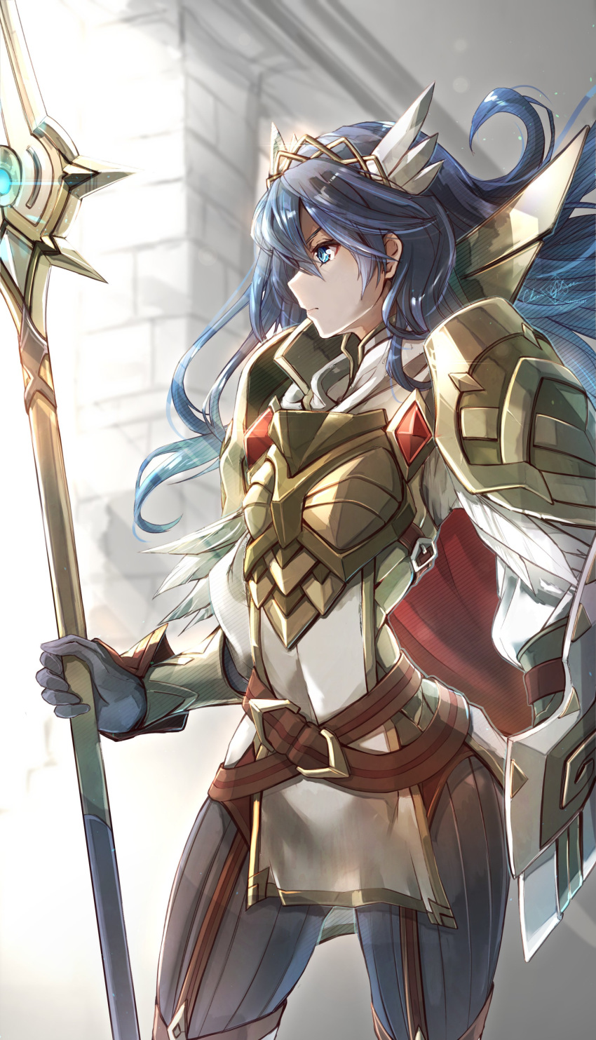 1girl absurdres armor bangs blue_eyes blue_gloves blue_hair breastplate clear_glass_(mildmild1311) fire_emblem fire_emblem_awakening fire_emblem_heroes from_side gloves hair_ornament highres holding holding_polearm holding_weapon lance long_hair lucina_(fire_emblem) official_alternate_costume polearm shoulder_armor solo symbol_in_eye weapon