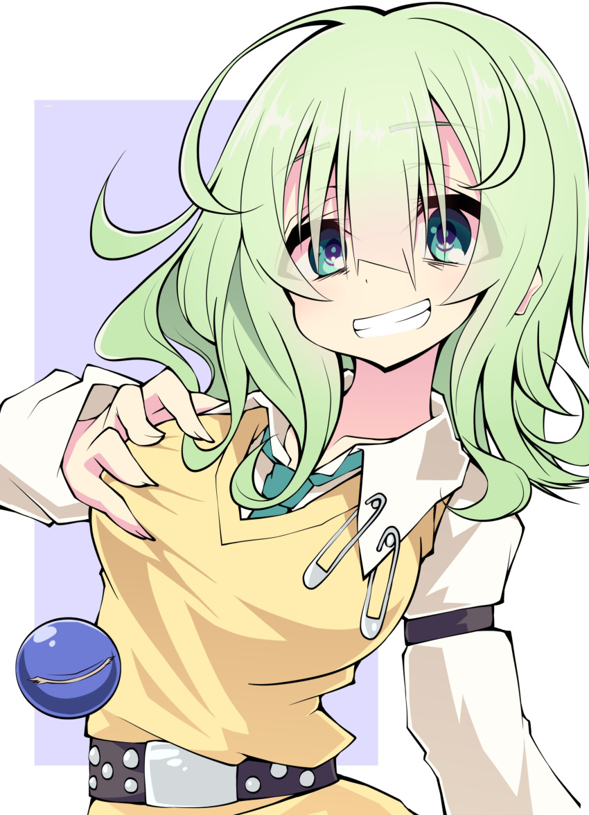 1girl absurdres alternate_costume aqua_necktie belt blue_eyes clip collared_shirt eyeball green_hair grin highres komeiji_koishi long_sleeves necktie sakakiba_misogi school_uniform shirt short_hair smile solo third_eye touhou white_shirt