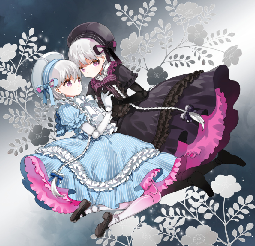 10s 2girls alice_(fate/extra) bangs beret black_dress black_gloves black_hat blue_dress bow bowtie braid doll_joints dress eyebrows_visible_through_hair fate/extra fate_(series) floral_background frilled_dress frilled_sleeves frills full_body fumako gloves hand_holding hat hat_ribbon interlocked_fingers joints legs_up long_hair midair multiple_girls nursery_rhyme_(fate/extra) ribbon shoes short_sleeves silver_hair striped striped_bow striped_bowtie vertical-striped_dress vertical_stripes violet_eyes white_bow white_bowtie white_gloves white_hat