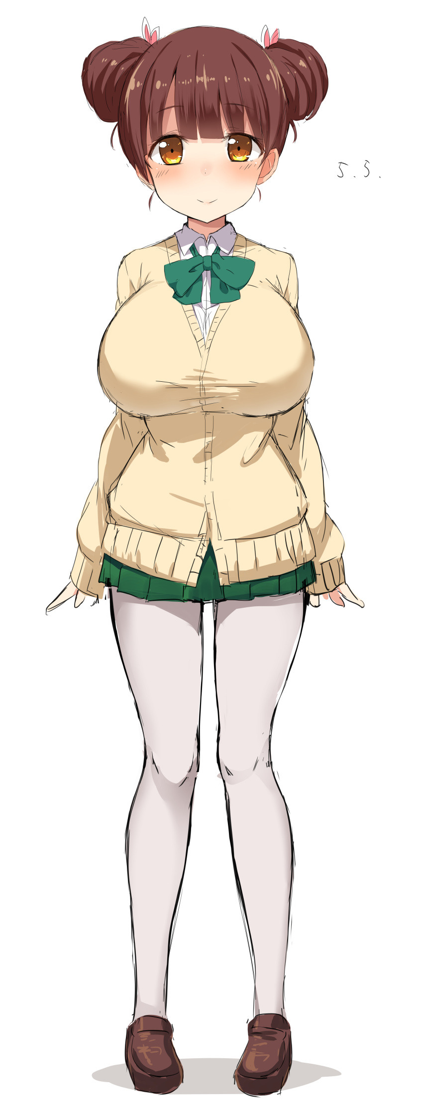 1girl 5240mosu absurdres arms_at_sides bangs blush breasts brown_eyes brown_hair brown_shoes cardigan closed_mouth collared_shirt double_bun eyebrows_visible_through_hair fujinoki_nene full_body green_skirt hajimete_no_gal highres large_breasts loafers looking_at_viewer miniskirt pantyhose pleated_skirt school_uniform shirt shoes simple_background skirt sleeves_past_wrists smile solo standing tareme white_background white_legwear white_shirt