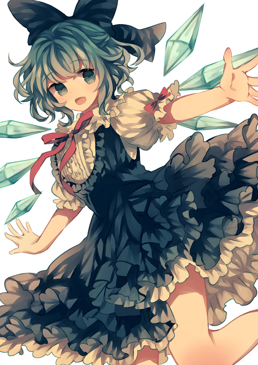 1girl :d blue_dress blue_eyes blue_hair bow cirno dress embellished_costume folded frilled_skirt frills hair_bow highres legs looking_at_viewer open_hands open_mouth outstretched_arms puffy_short_sleeves puffy_sleeves red_ribbon ribbon short_hair short_sleeves simple_background skirt smile solo spread_arms touhou white_background wings wiriam07
