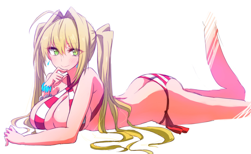 10s 1girl ahoge ass bikini blonde_hair breasts butt_crack cleavage fate/extra fate/grand_order fate_(series) green_eyes hair_intakes highres himo huge_ahoge large_breasts long_hair red_bikini saber_extra side-tie_bikini simple_background solo striped striped_bikini swimsuit thighs twintails white_background white_bikini