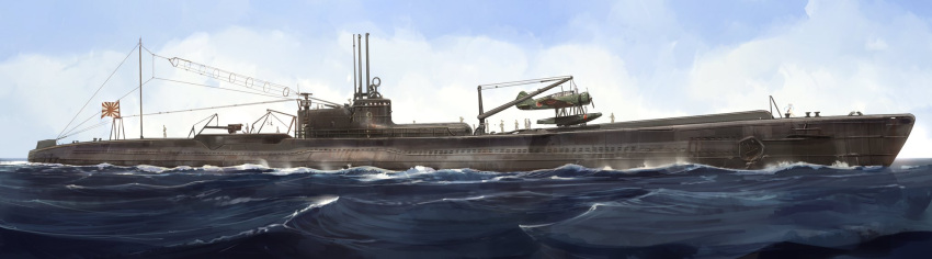 6+boys aircraft akasaai anchor crane deck_gun highres i-19_(submarine) imperial_japanese_navy multiple_boys ocean painting periscope radio_antenna real_life rising_sun seaplane submarine sunburst wake watercraft world_war_ii yokosuka_e14y