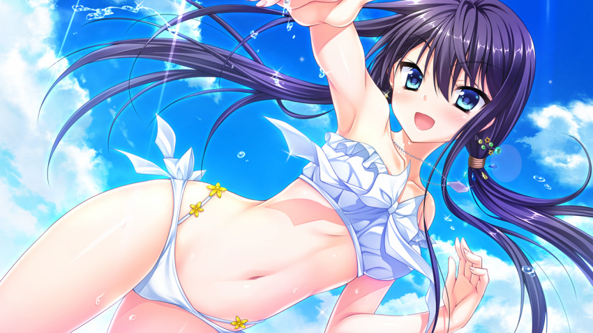 1girl :d bikini black_hair blue_eyes blush bow breasts clouds contrapposto day dutch_angle earrings floral_flowlove game_cg jewelry layered_bikini light_rays long_hair looking_at_viewer low_twintails medium_breasts navel necklace open_mouth outdoors outstretched_arm sky smile solo stomach strapless strapless_bikini swimsuit tokisaka_nanao toranosuke twintails very_long_hair water water_drop white_bikini