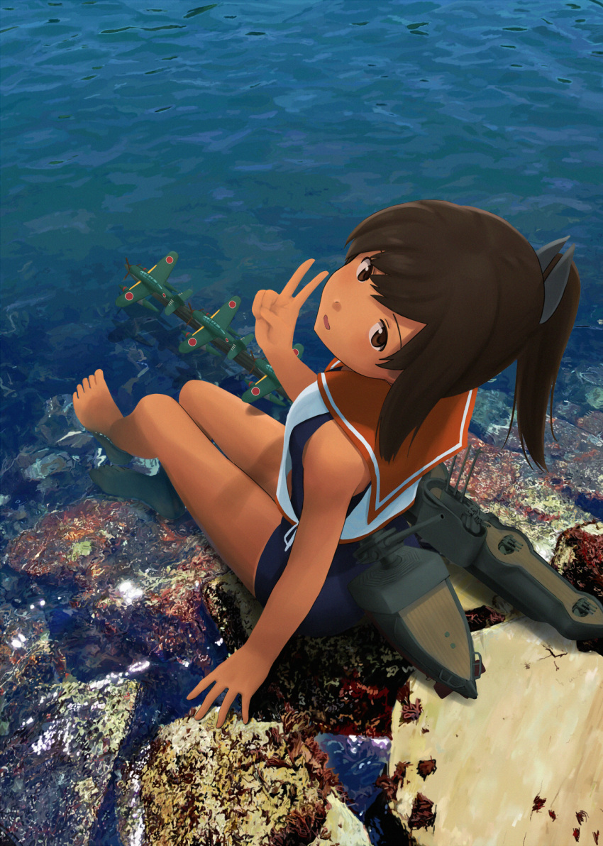 1girl aircraft airplane arm_support bangs barefoot brown_eyes brown_hair commentary_request crop_top day from_above fuyube_gin_(huyube) hair_ornament highres i-401_(kantai_collection) kantai_collection looking_at_viewer looking_up m6a_seiran machinery ocean one-piece_swimsuit open_mouth outdoors ponytail school_swimsuit school_uniform seaplane serafuku sitting soaking_feet solo swimsuit swimsuit_under_clothes tan tanline v water