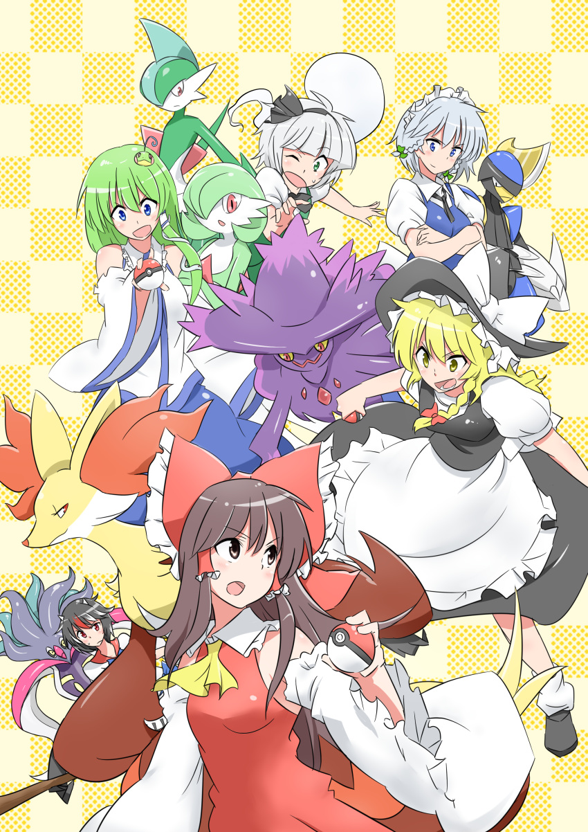 &gt;:) &gt;:/ &gt;:d &gt;:o 6+girls :/ :d :o absurdres apron ascot beak bisharp black_hair blonde_hair blue_eyes bow braid brown_eyes brown_hair checkered checkered_background crossed_arms crossover delphox detached_sleeves dress eyebrows_visible_through_hair frog frog_hair_ornament gallade gardevoir green_eyes green_hair hair_bow hair_ornament hair_tubes hairband hakurei_reimu hat hat_bow highres holding holding_poke_ball horns izayoi_sakuya kijin_seija kirisame_marisa kochiya_sanae konpaku_youmu long_hair long_skirt looking_at_another looking_down looking_up maid maid_apron maid_headdress malamar mismagius multicolored_hair multiple_girls noel_(noel-gunso) one_eye_closed open_mouth poke_ball pokemon pokemon_(creature) puffy_short_sleeves puffy_sleeves red_eyes redhead short_hair short_sleeves side_braid silver_hair single_braid skirt smile snake snake_hair_ornament standing streaked_hair touhou twin_braids waist_apron white_hair wide_sleeves wince witch_hat yellow_eyes