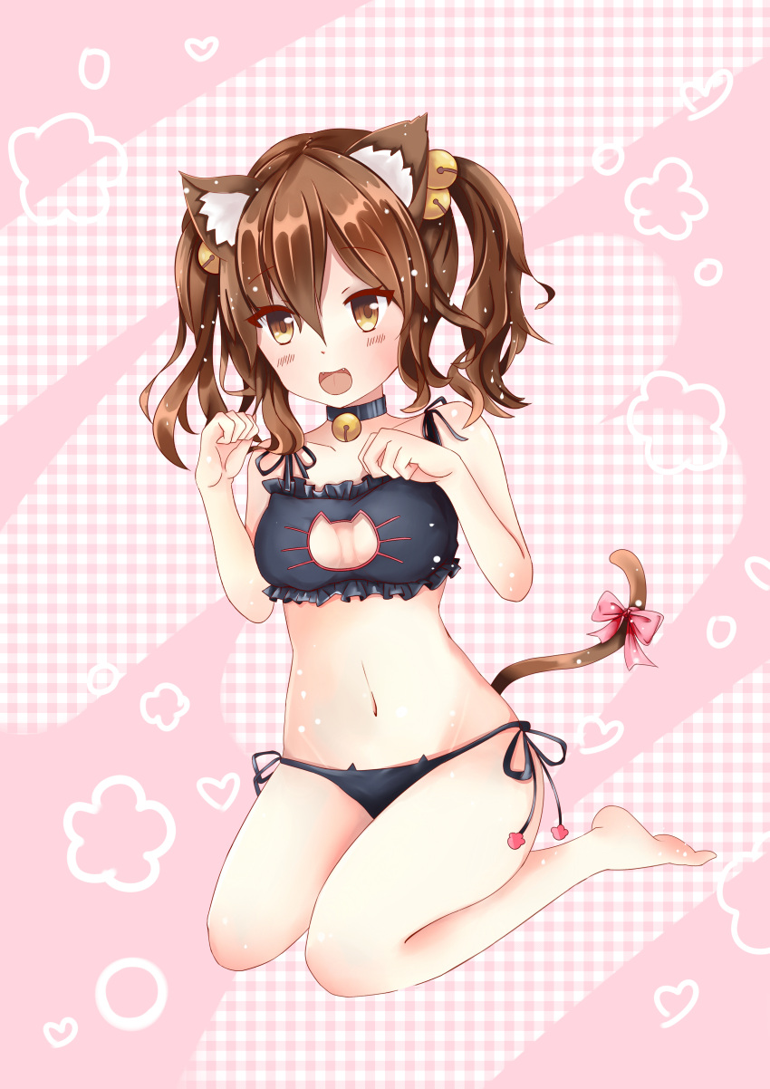 1girl :d absurdres animal_ears arm bare_arms bare_legs bare_shoulders barefoot bell bell_collar black_bra black_panties bow bra breasts brown_eyes brown_hair cat_ears cat_keyhole_bra cat_lingerie cat_tail cleavage cleavage_cutout clenched_hands collarbone fangs female hair_bobbles hands hands_up happy highres jingle_bell legs lingerie midriff navel open_mouth original panties paw_pose pink_background pink_bow qian_chuan_jiuli ribbon seiza short_hair side-tie_panties sitting small_breasts smile solo tail twintails underwear yellow_eyes