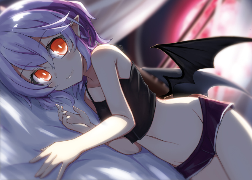 1girl akisome_hatsuka bare_arms bat_wings bed_sheet boyshorts camisole closed_mouth full_moon hair_between_eyes indoors lavender_hair looking_at_viewer lying moon on_side pointy_ears red_eyes red_moon remilia_scarlet smile solo touhou wings