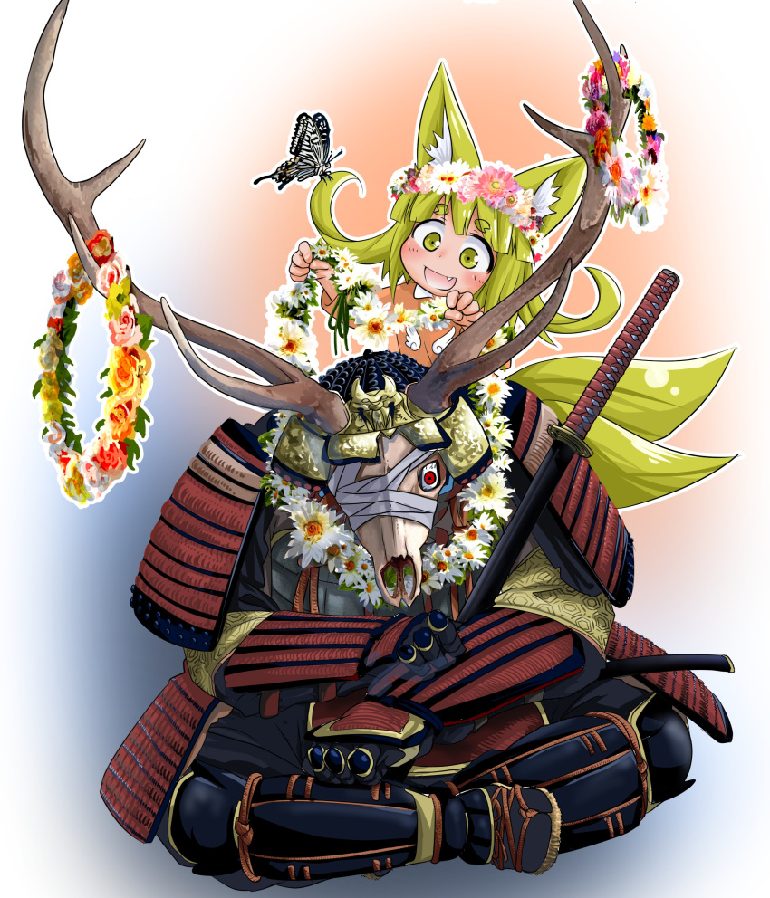 1girl :d absurdres animal_ears antlers armor bandage_over_one_eye blonde_hair blush butterfly commentary_request doitsuken eyebrows_visible_through_hair fang fox_ears fox_girl fox_tail highres japanese_armor katana looking_at_another looking_at_viewer multiple_tails one_eye_closed open_mouth original red_eyes samurai short_eyebrows short_hair sitting smile sword tail thick_eyebrows weapon yellow_eyes