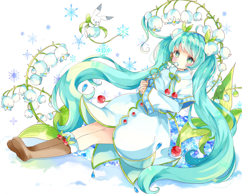 1girl ahoge aqua_hair blush boots brown_boots bubble_skirt capelet commentary_request dutch_angle eyebrows_visible_through_hair flower fur-trimmed_boots fur-trimmed_capelet fur_trim green_eyes green_ribbon hair_flower hair_ornament hairband hatsune_miku highres knee_boots leaf lily_of_the_valley long_hair long_sleeves looking_at_viewer looking_to_the_side rabbit reclining ribbon shirt sitting skirt skirt_set smelling snowflake_print solo tsukiyo_(skymint) very_long_hair vocaloid water_drop white_shirt white_skirt wide_sleeves