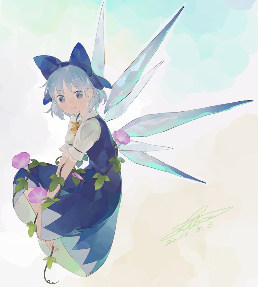 1girl blue_dress blue_eyes blue_hair cirno dated dress flower hair_ribbon highres ice ice_wings ipomoea looking_at_viewer morning_glory ribbon shihou_(g-o-s) short_hair signature smile solo sunflower tanned_cirno touhou wings