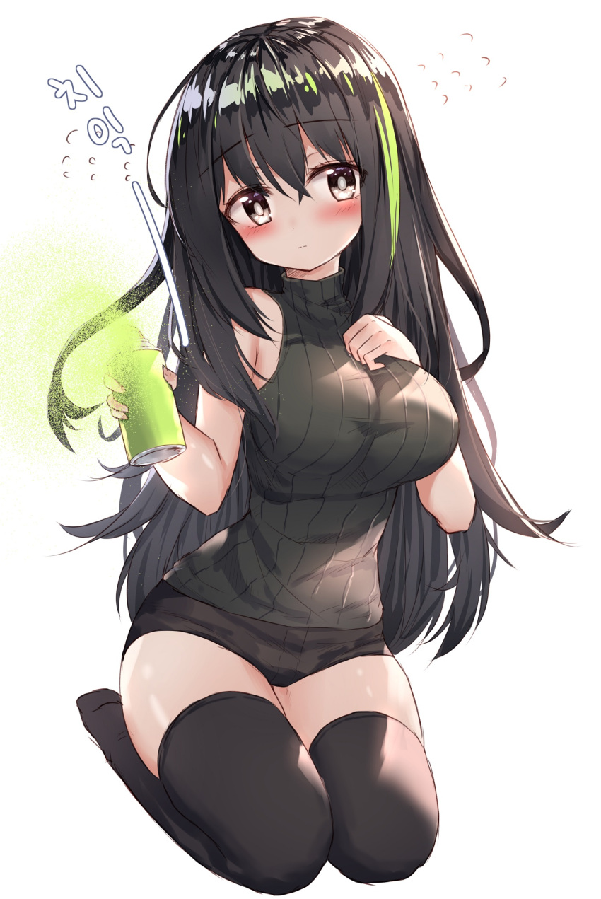 black_hair blush breasts girls_frontline highres long_hair m4a1_(girls_frontline) seiza shorts sitting solo spray_can spraying tandozzing thigh-highs