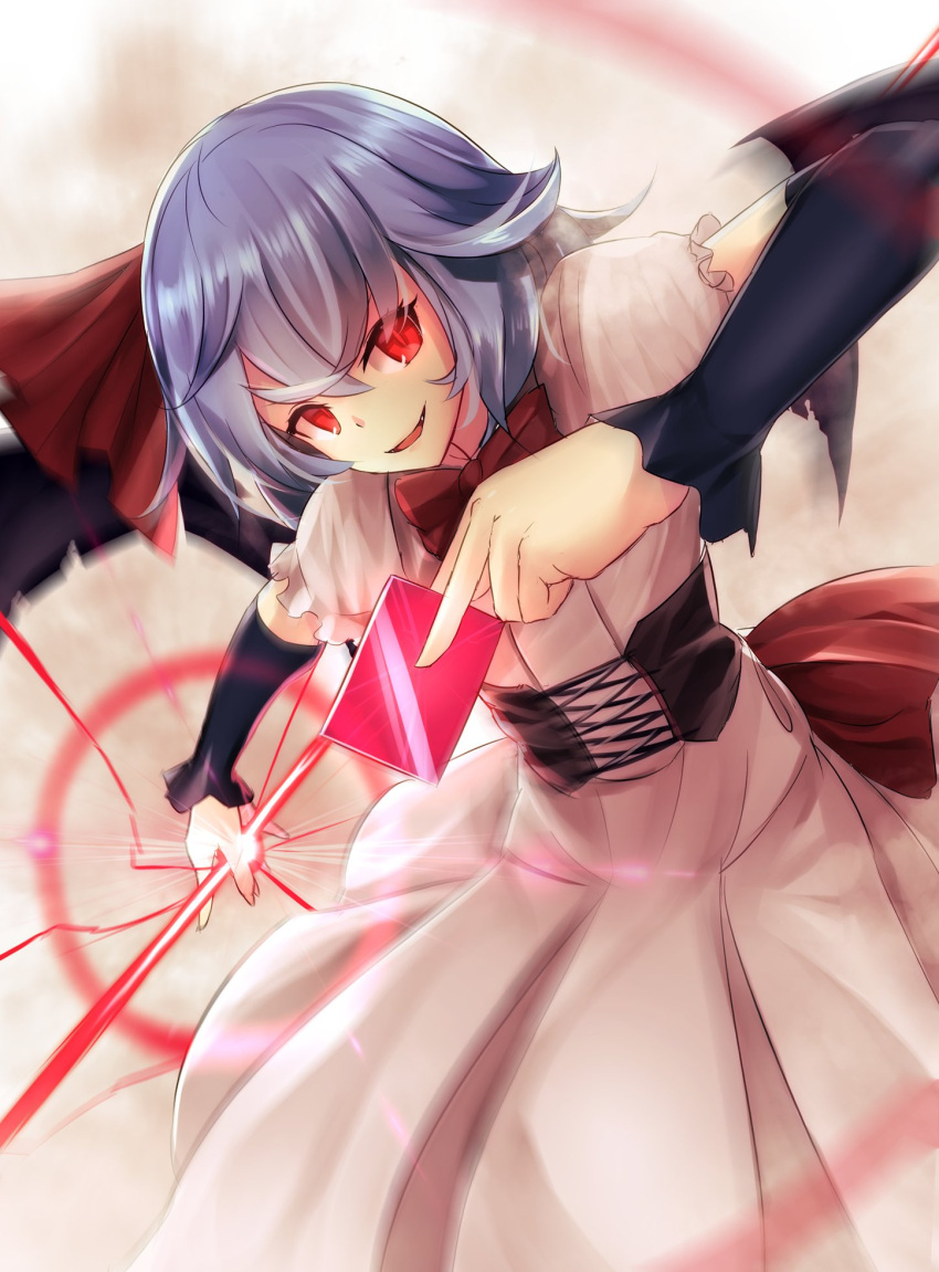 1girl bat_wings blue_hair bow bowtie corset cowboy_shot detached_sleeves dress fang hair_ribbon highres long_sleeves looking_at_viewer no_hat no_headwear parted_lips pink_dress puffy_short_sleeves puffy_sleeves red_bow red_bowtie red_eyes red_ribbon remilia_scarlet ribbon short_hair short_sleeves sinkai smile solo spear_the_gungnir touhou