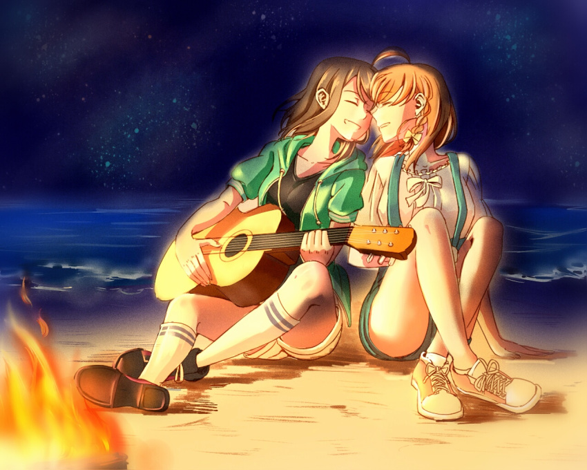 2girls acoustic_guitar ahoge ankle_socks artist_request ascii_media_works bangs beach bow braid bushiroad closed_eyes commentary_request crossed_ankles cute face-to-face fire green_jacket grey_hair grin guitar hair_bow holding holding_instrument hood hooded_jacket instrument jacket kneehighs knees_up love_live! love_live!_sunshine!! multiple_girls neck_ribbon night night_sky ocean orange_hair ribbon sand shoes short_sleeves shorts side_braid sitting sitting_on_ground sky smile sunrise_(studio) suspenders takami_chika watanabe_you white_ribbon yellow_bow yuri