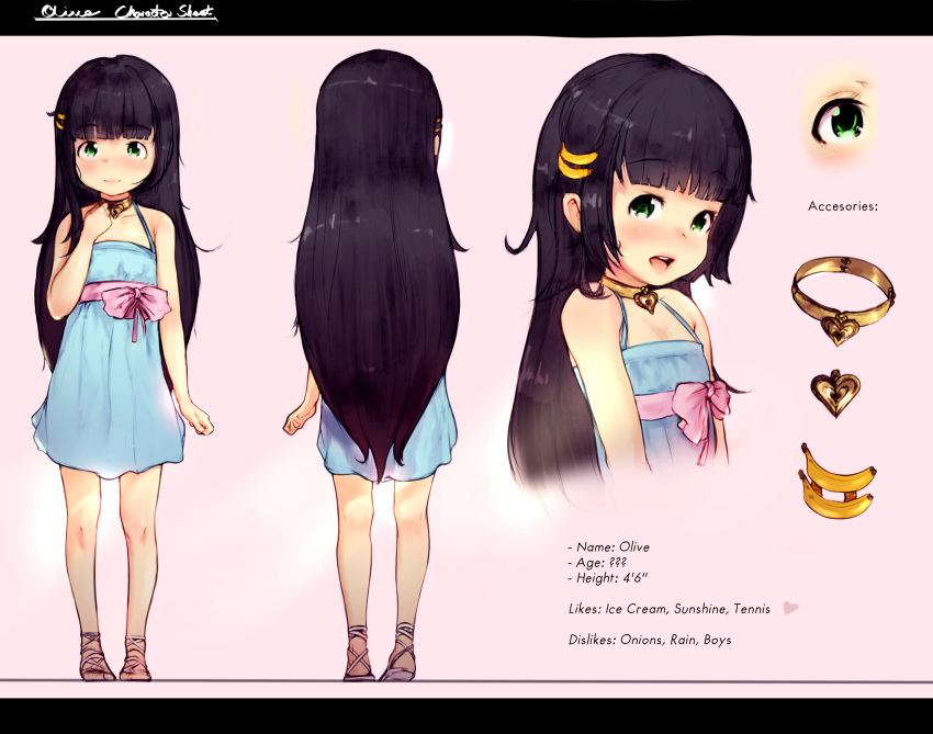 1girl banana_hair_ornament black_hair blue_dress character_profile character_sheet child collar diathorn dress food_themed_hair_ornament green_eyes hair_ornament hairclip highres long_hair multiple_views open_mouth original sandals smile sundress turnaround very_long_hair