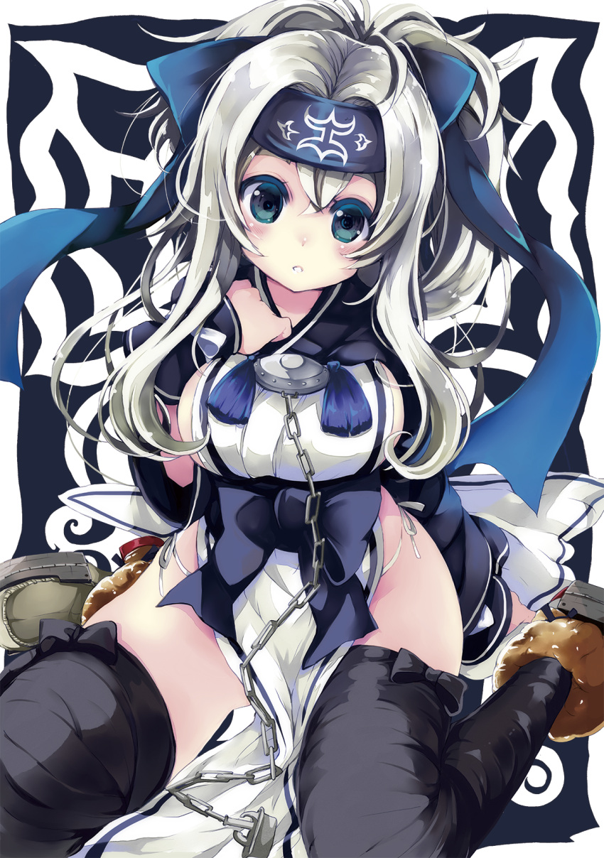 1girl ainu_clothes anchor black_legwear blue_eyes bow breasts chains gouda_nagi grey_hair hair_bow headband highres kamoi_(kantai_collection) kantai_collection panties side-tie_panties sideboob sitting solo thigh-highs underwear wariza