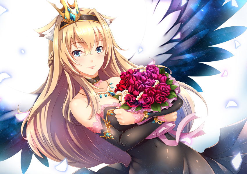 1girl aata1007 alternate_costume black_dress blonde_hair blue_eyes bouquet braid bridal_gauntlets choker crown dress flower french_braid hairband jewelry kantai_collection long_hair looking_at_viewer mini_crown necklace off-shoulder_dress off_shoulder rose simple_background smile solo upper_body warspite_(kantai_collection) white_background wings