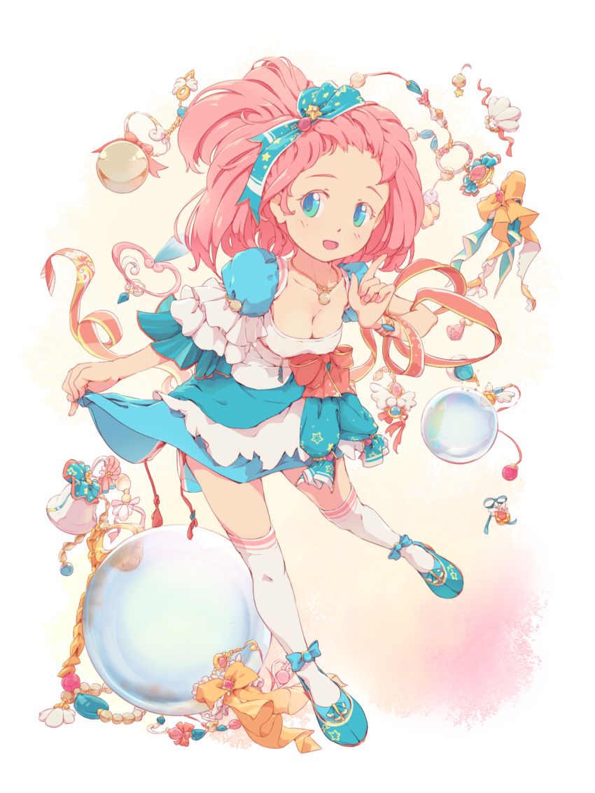 1girl :d blue_bow blue_dress blue_eyes blue_shoes bow bracelet breasts cleavage dress hair_bow highres index_finger_raised jewelry kneehighs looking_at_viewer medium_breasts necklace open_mouth original ornament parfaith pink_bow pink_hair shoes skirt_hold smile solo white_legwear
