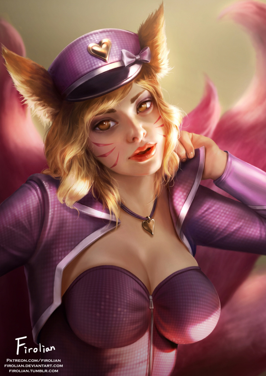 1girl ahri animal_ears artist_name blonde_hair bow breasts cleavage facial_mark firolian fur hat highres jewelry league_of_legends lips multiple_tails necklace parted_lips popstar_ahri solo tail whisker_markings
