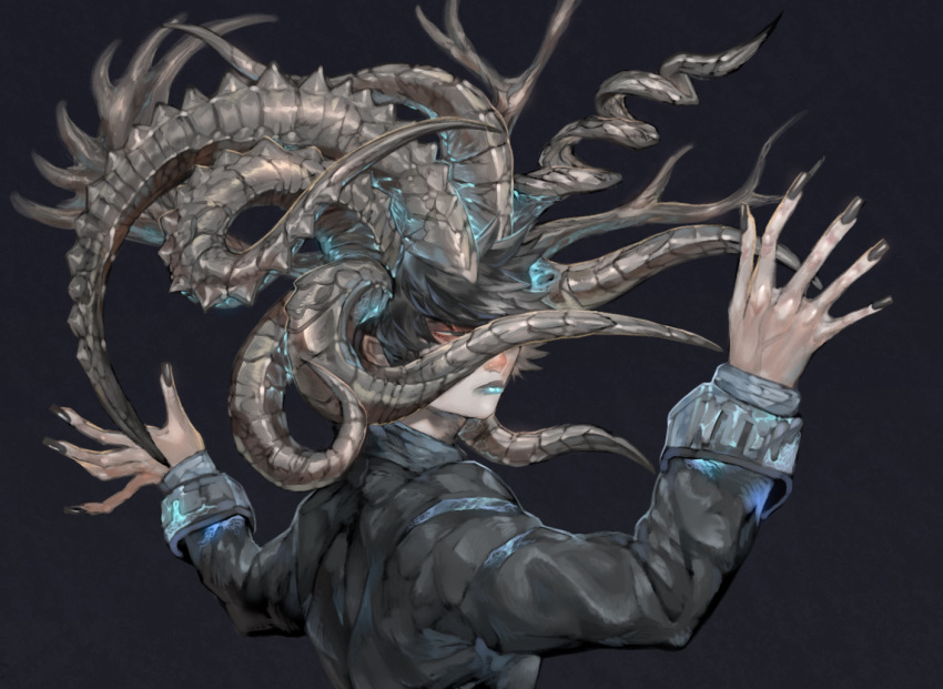 1boy arm_up black_eyes black_hair black_nails blue_lips crack fingernails glowing grey_background half-closed_eyes horns long_fingernails long_fingers male_focus muscle original simple_background solo sumosamo upper_body veins