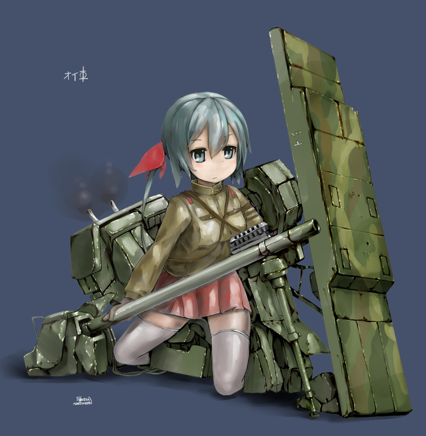 blue_background breasts cannon character_name highres imperial_japanese_army mecha_musume military mori_kadoru o-i_superheavy_tank_series personification seiza shield signature simple_background sitting small_breasts solo uniform weapon world_of_tanks