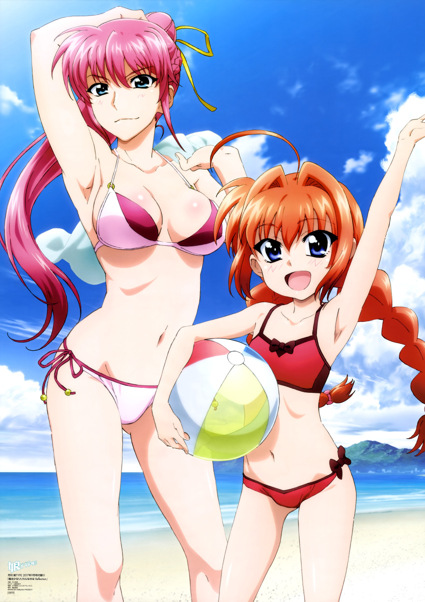 2girls :d absurdres arm_up armpits ball bare_shoulders beach beachball bikini blue_eyes blush bow braid breasts cleavage clouds female groin hair_intakes hair_ribbon highres long_hair lyrical_nanoha magazine_scan mahou_shoujo_lyrical_nanoha mahou_shoujo_lyrical_nanoha_the_movie_3rd:_reflection medium_breasts mountain multiple_girls navel nyantype o-ring_bikini o-ring_top ocean official_art open_mouth pink_bikini pink_hair red_bikini ribbon scan shiny shiny_hair shiny_skin side-tie_bikini signum sky smile swimsuit twin_braids vita waving