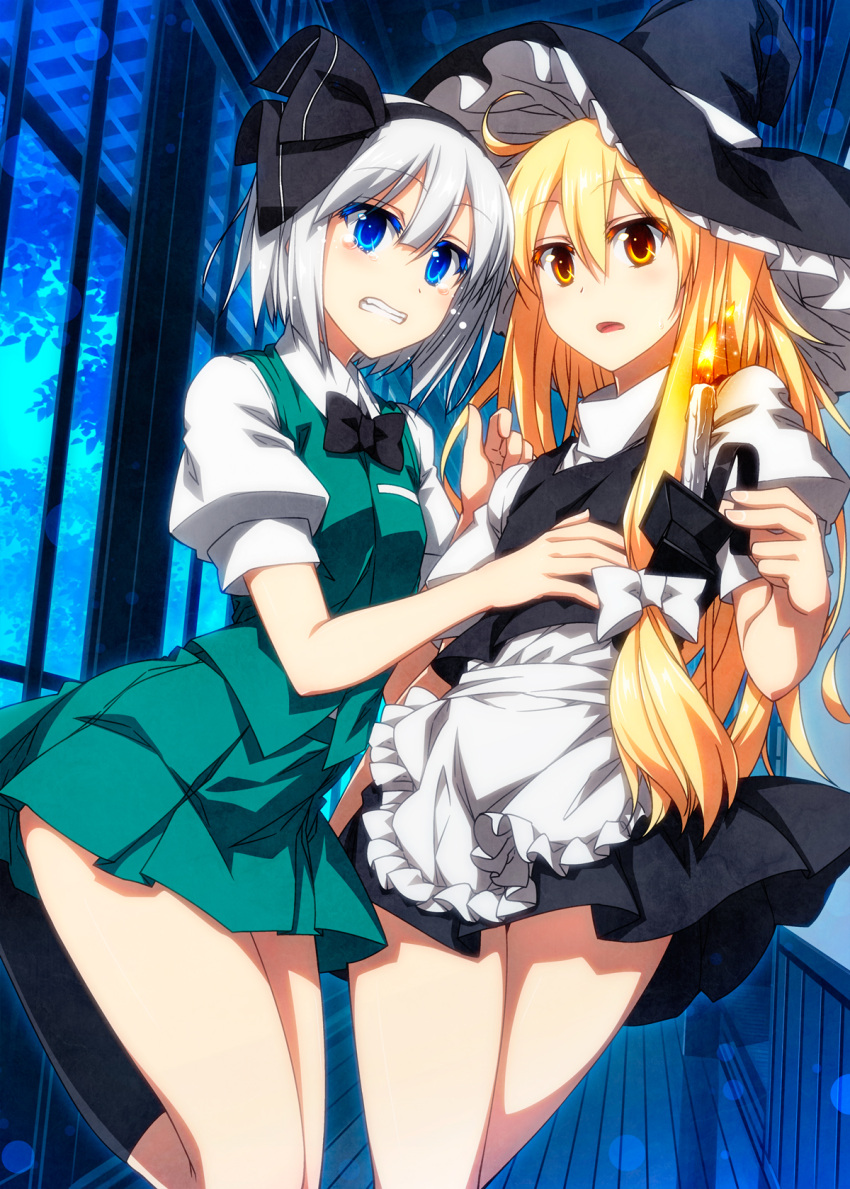 2girls ahoge apron aqua_skirt bangs black_bow black_bowtie black_hat black_legwear black_skirt blonde_hair blue_eyes bow bowtie candle candlestand clenched_teeth colored_eyelashes eyebrows_visible_through_hair frilled_apron frills hair_between_eyes hair_bow hairband hand_on_another's_chest hat highres holding indoors kirisame_marisa kneehighs konpaku_youmu long_hair looking_at_viewer miniskirt multiple_girls open_mouth pleated_skirt puffy_sleeves sazanami_mio scared short_hair short_sleeves skirt skirt_set sleeveless tears teeth touhou waist_apron white_apron white_bow white_hair witch_hat yellow_eyes