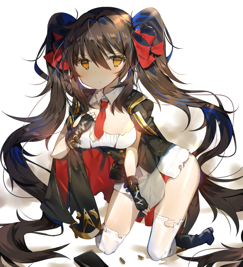 1girl black_hair blue_bow blush bow breasts cleavage closed_mouth eyebrows_visible_through_hair girls_frontline hair_bow highres large_breasts long_hair looking_at_viewer necktie qbz-97_(girls_frontline) red_bow red_necktie solo thigh-highs twintails white_legwear yellow_eyes yuuko_(030_yuko)