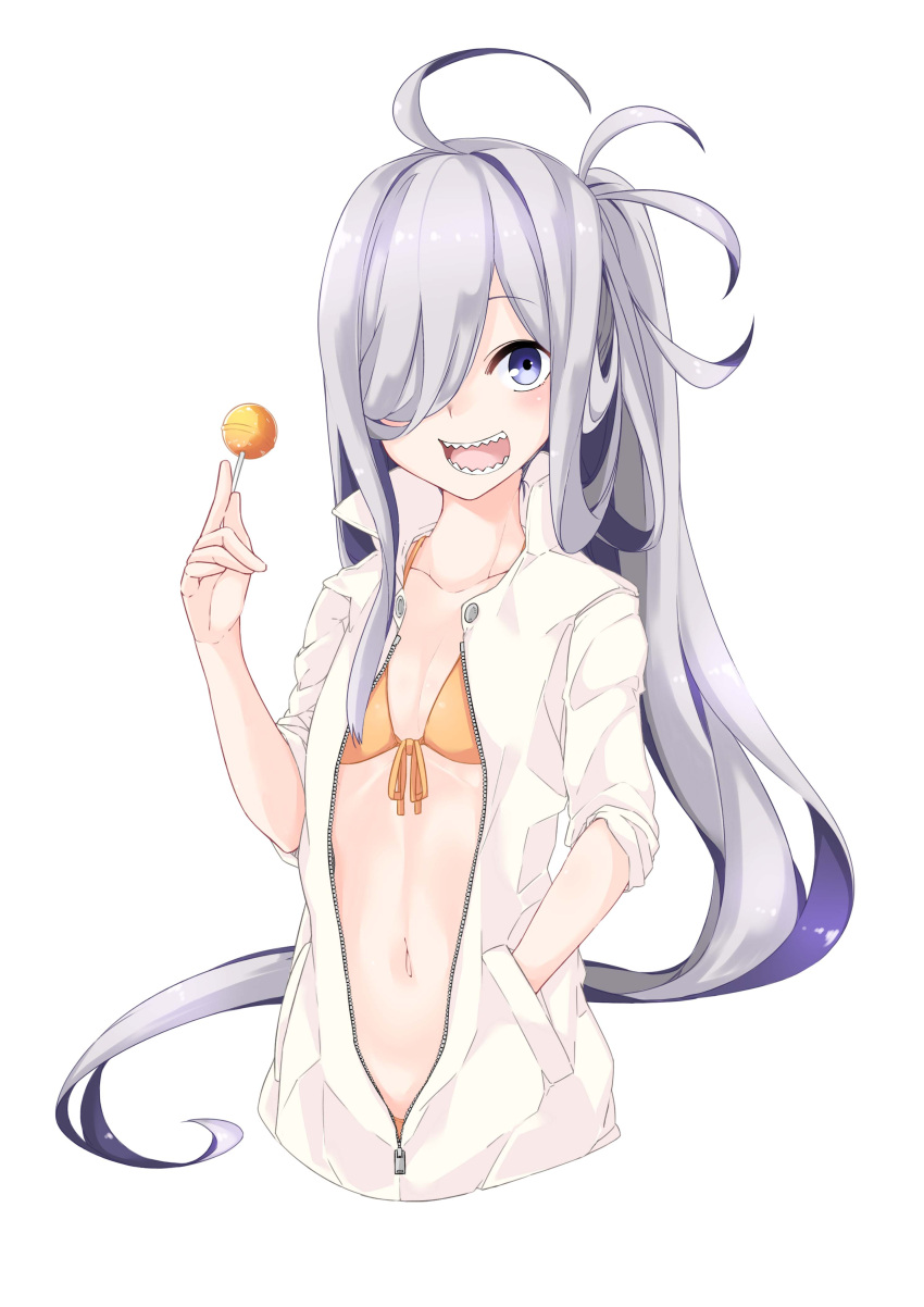 1girl absurdres asashimo_(kantai_collection) bikini blue_eyes candy collarbone commentary_request food front-tie_bikini front-tie_top hair_over_one_eye halter_top halterneck hand_in_pocket highres holding jacket kantai_collection kirishina_(raindrop-050928) lollipop long_hair looking_at_viewer navel open_mouth orange_bikini ponytail sharp_teeth silver_hair simple_background smile solo swimsuit teeth unzipped upper_body very_long_hair white_background white_jacket