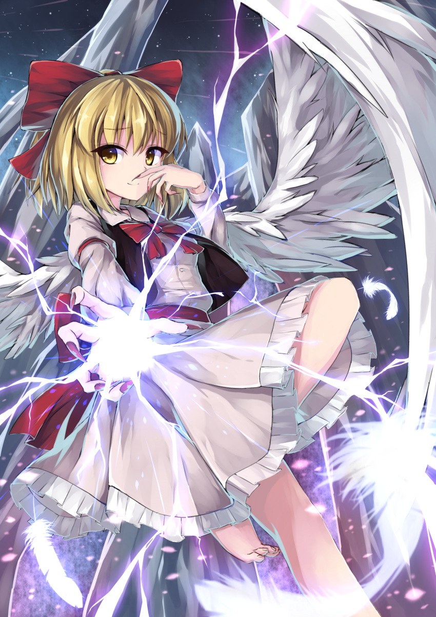 1girl absurdres arm_garter barefoot blonde_hair bow bowtie dress electricity feathered_wings feathers fingernails frilled_dress frills gengetsu hair_bow highres iwashi_(nisankatanso) long_fingernails long_sleeves looking_at_viewer nail_polish outstretched_arm red_bow red_nails revision rock short_hair solo touhou touhou_(pc-98) white_wings wings yellow_eyes