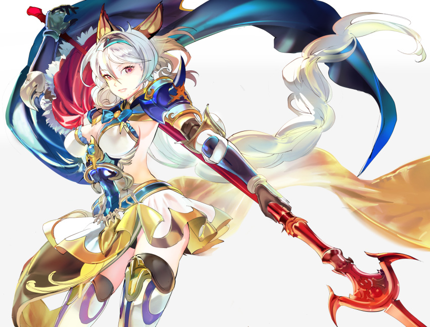 10s 119 1girl animal_ears breasts cleavage gloves granblue_fantasy heles helmet highres long_hair looking_at_viewer pauldrons polearm red_eyes skirt solo spear thigh-highs very_long_hair weapon white_hair