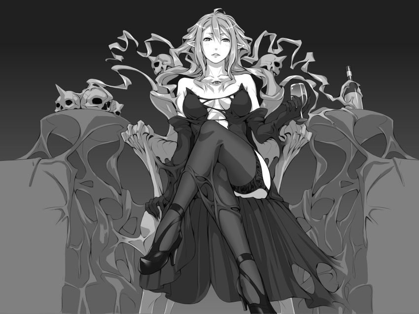 1girl bare_shoulders breasts cleavage cup drinking_glass greyscale high_heels highres legs_crossed long_hair looking_at_viewer monochrome original pointy_ears saba_no_misoni_(doddosi) sitting skull solo thigh-highs third_eye very_long_hair wine_glass