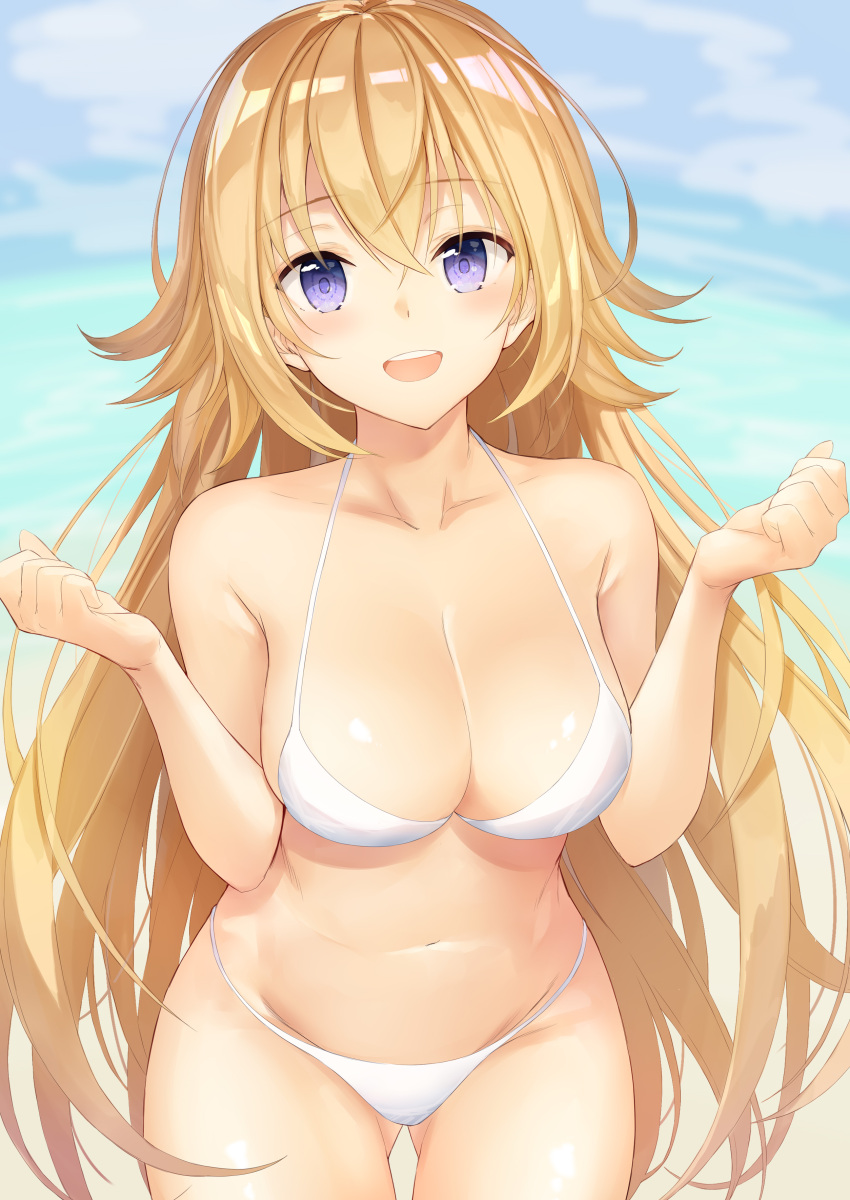 1girl absurdres anza_tomo bangs bare_shoulders bikini blonde_hair blue_eyes blue_sky blush breasts cleavage collarbone day fate/apocrypha fate_(series) forearms_at_chest hands_up highres hips large_breasts long_hair looking_at_viewer navel open_mouth outdoors revision ruler_(fate/apocrypha) shiny shiny_skin sky smile solo swimsuit thigh_gap thighs very_long_hair waist white_bikini wrists_extended
