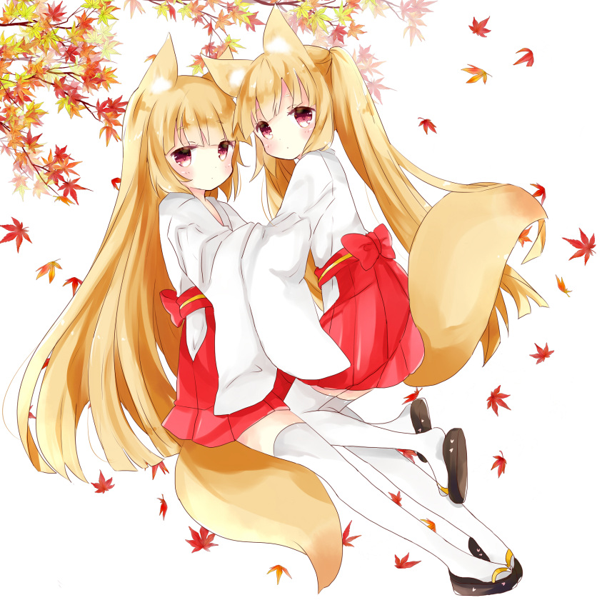 1girl animal_ears autumn_leaves bangs blonde_hair blunt_bangs blush bow branch cherry_blossoms commentary_request eyebrows_visible_through_hair falling_leaves fox_ears fox_girl fox_tail hakama hands_in_sleeves highres japanese_clothes leaf long_hair long_sleeves looking_at_viewer looking_to_the_side maple_leaf miko original red_bow red_eyes red_hakama sandals tail thigh-highs tsukiyo_(skymint) twintails very_long_hair white_legwear wide_sleeves