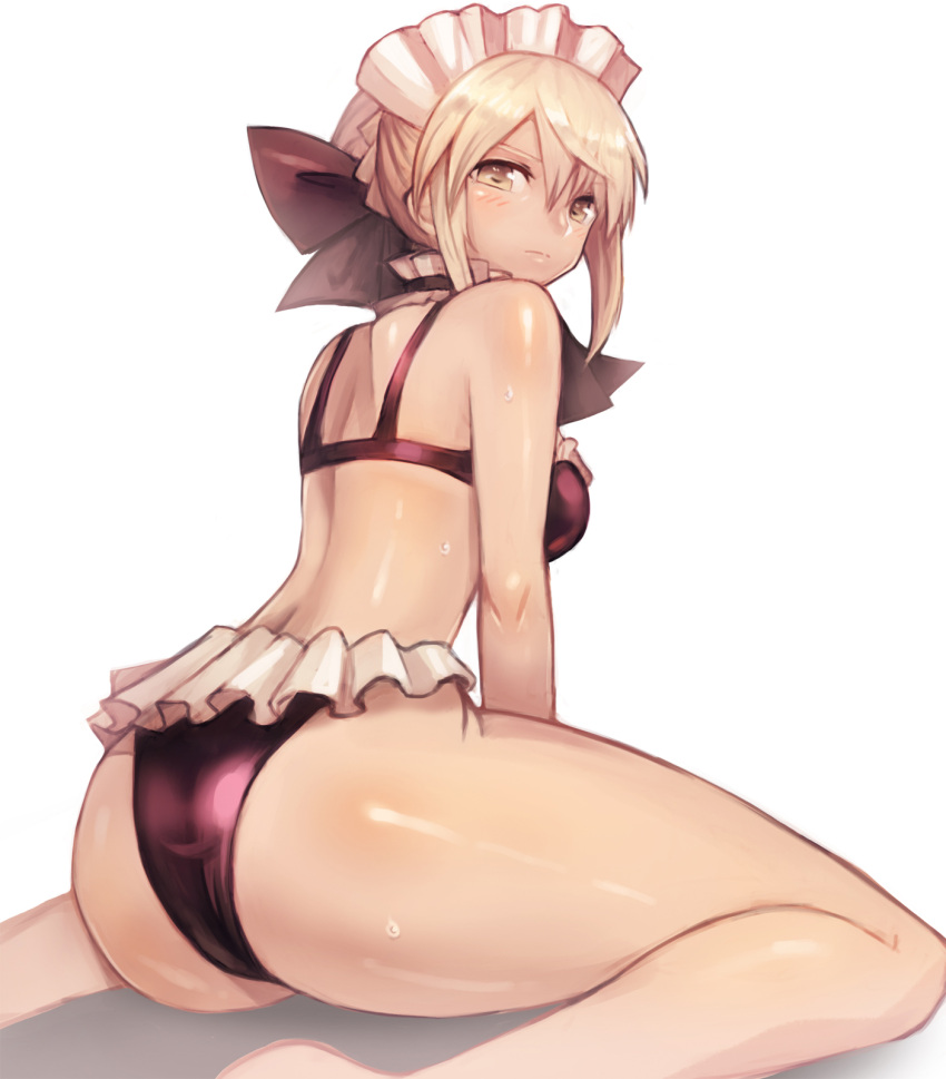 arm_support artoria_pendragon_(all) ass bangs bikini black_bikini blonde_hair blush breasts commentary fate_(series) feet_out_of_frame frilled_bikini frills highres large_breasts legs looking_at_viewer looking_back maid_headdress ribbon saber saber_alter shadow short_hair_with_long_locks simple_background sitting sookmo sweatdrop swimsuit wariza white_background yellow_eyes