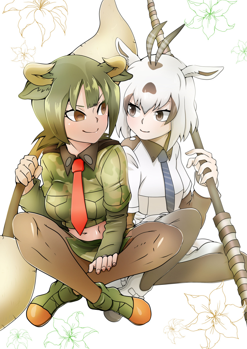 2girls absurdres animal_ears antenna_hair antlers arabian_oryx_(kemono_friends) aurochs_(kemono_friends) black_hair blush highres horns kemono_friends multicolored_hair multiple_girls necktie oekakimannga open_mouth oryx_ears shirt short_hair short_sleeves skirt tail