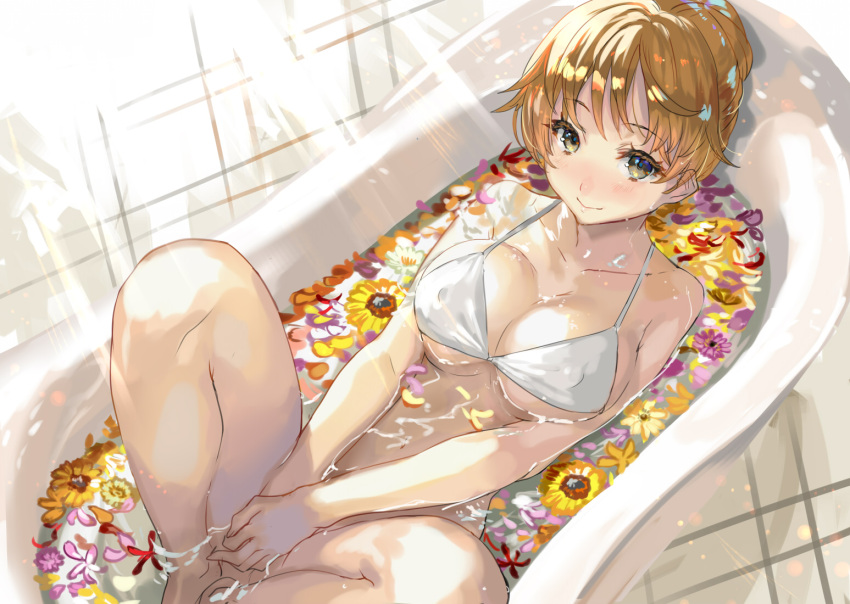 1girl bare_legs bath bathtub bikini blonde_hair blush breasts cleavage collarbone covering covering_crotch flower large_breasts looking_at_viewer original partially_submerged ran'ou_(tamago_no_kimi) short_hair smile solo swimsuit v_arms water yellow_eyes