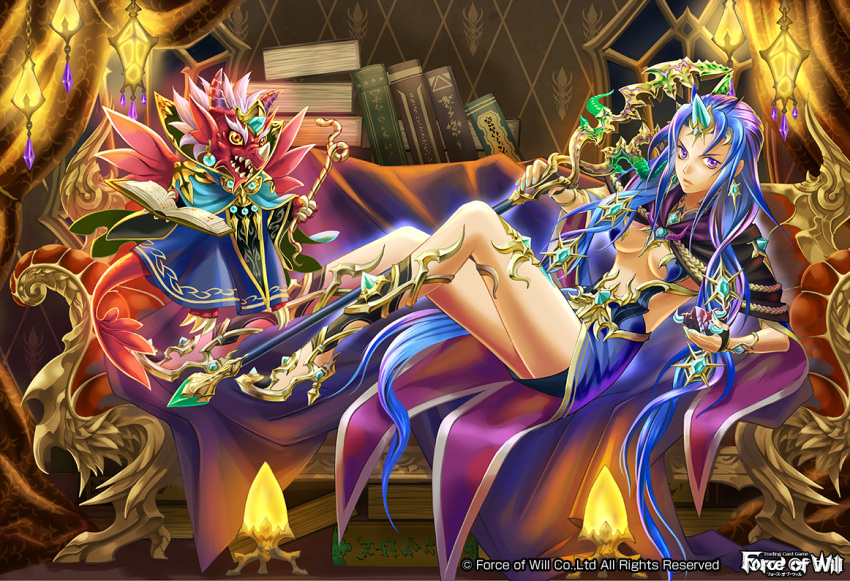 1girl blue_hair book center_opening copyright_name couch dragon dragon_horns earrings force_of_will gem high_heels horns jewelry lamp long_hair multicolored_hair official_art purple_hair solo staff two-tone_hair violet_eyes ynagasaki