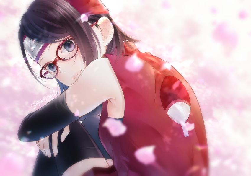 1girl black_eyes black_hair black_legwear black_sleeves boruto:_naruto_next_generations cherry_blossoms closed_mouth detached_sleeves from_behind glasses headband highres hugging_own_legs jacket leaning_forward looking_at_viewer looking_back naruto_(series) red-framed_eyewear red_jacket short_hair sitting sleeveless sleeveless_jacket smile solo t0m0mile thigh-highs twitter_username uchiha_sarada