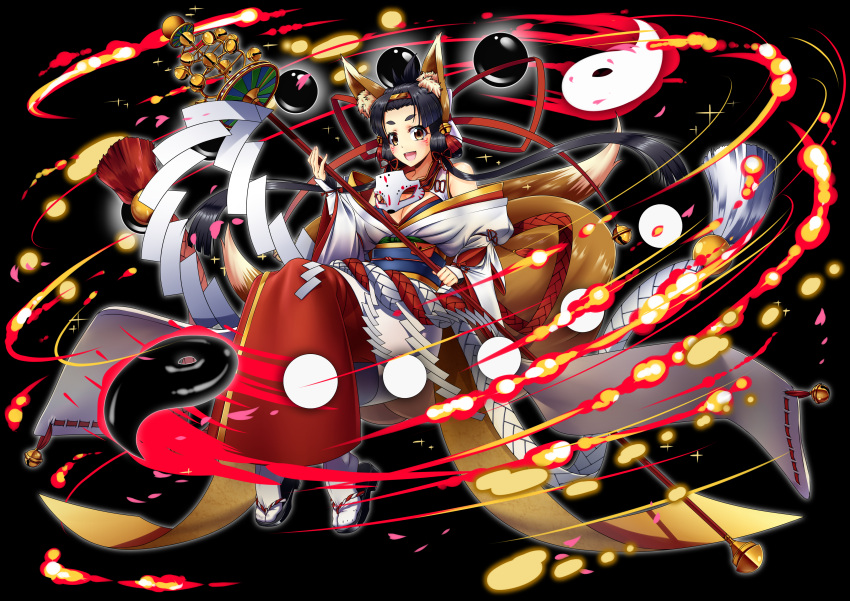 1girl :d absurdres animal_ears bangs_pinned_back bare_shoulders belt black_hair breasts brown_hair cleavage commentary_request facial_tattoo fire flame fox_ears fox_girl fox_mask fox_tail full_body highres holding holding_staff japanese_clothes kagiyama_(gen'ei_no_hasha) kimono large_breasts long_hair mask mask_removed miko obi off_shoulder omamori open_mouth original sandals sash smile solo staff tabi tail tattoo yin_yang