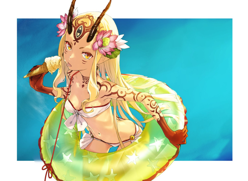 1girl :p bandeau bare_shoulders bikini blonde_hair breasts butt_crack cleavage cowboy_shot facial_mark fate/grand_order fate_(series) flower food from_above front-tie_bikini front-tie_top gluteal_fold hair_flower hair_ornament highres horns ibaraki_douji_(fate/grand_order) ice_cream ice_cream_cone innertube leaning_forward looking_at_viewer looking_up navel outside_border redjuice side-tie_bikini sidelocks small_breasts solo swimsuit tattoo tongue tongue_out yellow_eyes