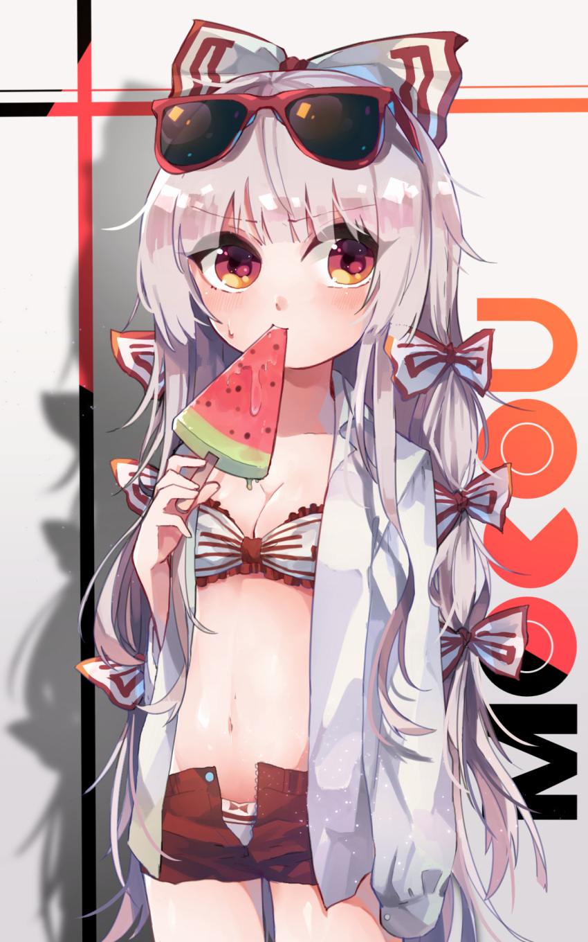 1girl alternate_costume arm_at_side bikini_top blush bow breasts buttons cleavage commentary_request cowboy_shot eating eyebrows_visible_through_hair food frozen_fruit fruit fujiwara_no_mokou hair_bow hand_up highres long_hair long_sleeves looking_at_viewer mikeneko_mari navel open_clothes open_shirt open_shorts panties red_eyes shiny shiny_hair shirt shorts silver_hair sleeves_past_wrists solo standing stomach summer swimsuit touhou unbuttoned underwear unzipped very_long_hair watermelon white_shirt younger zipper