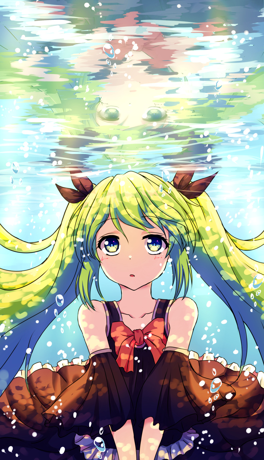 1girl absurdres black_dress black_ribbon bow bowtie bubble collarbone detached_sleeves dress eyebrows_visible_through_hair floating_hair green_hair hair_ribbon hands_together hatsune_miku highres isumi_(yangyan) looking_up parted_lips red_bow red_bowtie ribbon sleeveless sleeveless_dress solo twintails underwater vocaloid