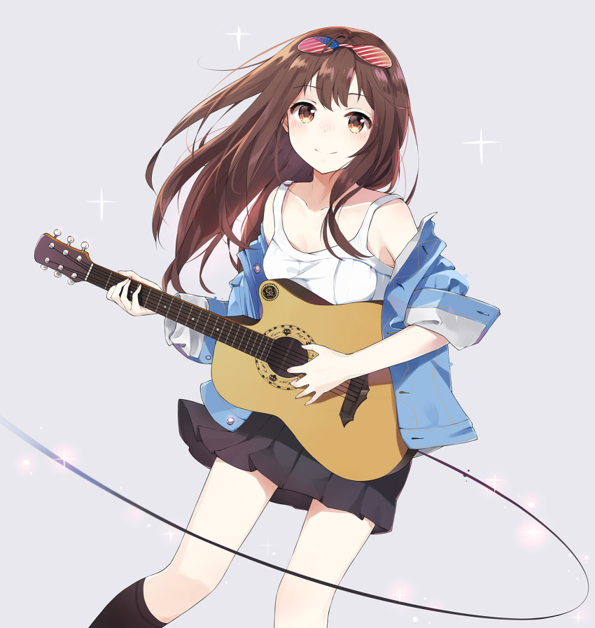1girl bare_shoulders blush breasts brown_eyes brown_hair guitar highres instrument jacket levi9452 long_hair looking_at_viewer medium_breasts original simple_background sleeves_folded_up smile solo standing sunglasses sunglasses_on_head wire