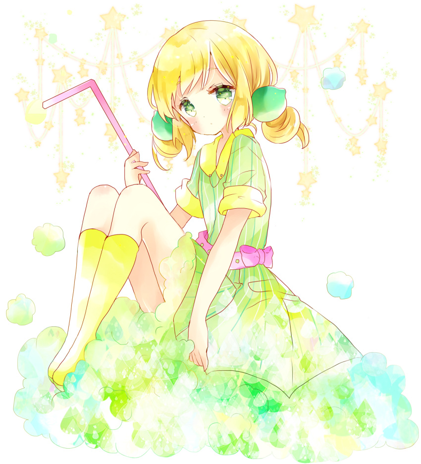 1girl :o blonde_hair blush boots bow collared_dress commentary dress drinking_straw eyebrows_visible_through_hair food food_themed_hair_ornament fruit green_dress green_eyes hair_ornament head_tilt highres holding knee_boots lime_(fruit) long_hair looking_at_viewer original oversized_object parted_lips pink_bow short_sleeves sitting sleeves_folded_up solo star striped tsukiyo_(skymint) twintails vertical-striped_dress vertical_stripes water_drop yellow_boots