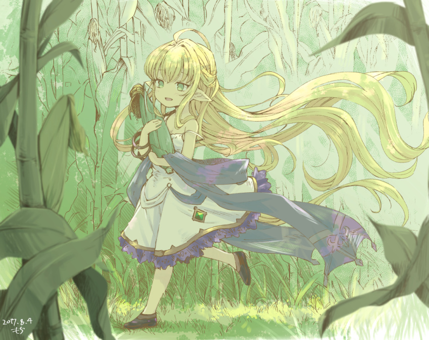 10s 1girl absurdly_long_hair ahoge bangle bangs blonde_hair bracelet carrying corn corn_field dated dress floating_hair food frilled_dress frills granblue_fantasy green_eyes harbin holding holding_food jewelry light_smile long_hair melissabelle motitoy no_nose no_pupils no_socks open_mouth outdoors plant pointy_ears running shawl shoes sleeveless sleeveless_dress strap_slip very_long_hair white_dress