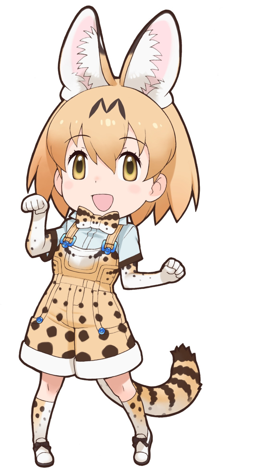 1girl :d adapted_costume animal_ears blonde_hair bow bowtie elbow_gloves extra_ears eyebrows_visible_through_hair gloves hair_between_eyes highres kemono_friends kneehighs looking_at_viewer official_art open_mouth paw_pose serval_(kemono_friends) serval_ears serval_print serval_tail shoe_bow shoes short_hair short_sleeves simple_background smile solo standing tail white_background yoshizaki_mine