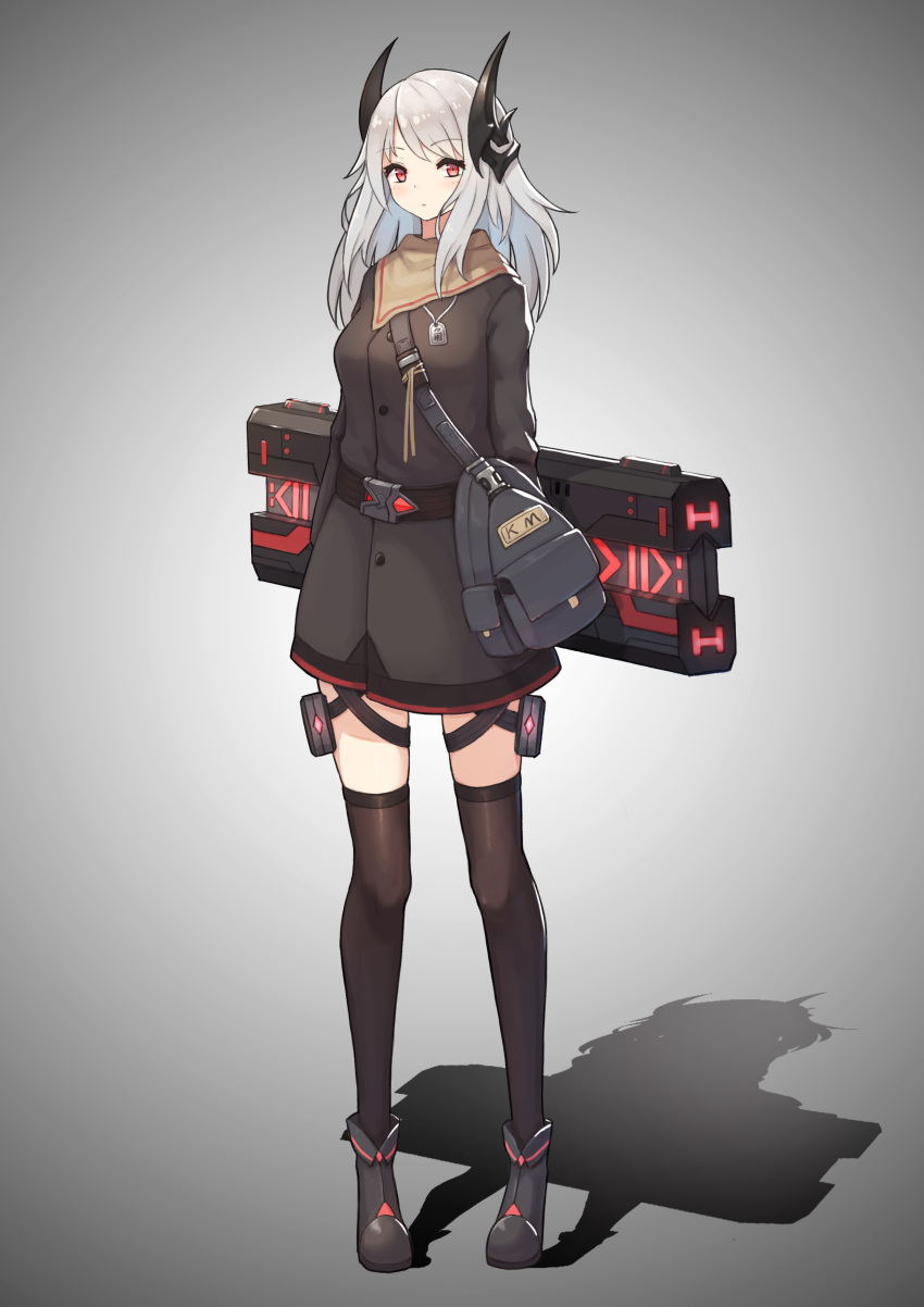 1girl absurdres arms_at_sides bag bangs belt black_shoes blush brown_jacket brown_legwear buttons dog_tags energy_gun eyebrows_visible_through_hair gradient gradient_background headgear highres legs_apart long_hair long_sleeves military military_jacket military_uniform original red_eyes scarf shadow shoes shoulder_bag silver_hair solo standing thigh-highs thigh_strap uniform weapon weapon_on_back yao_ren_gui